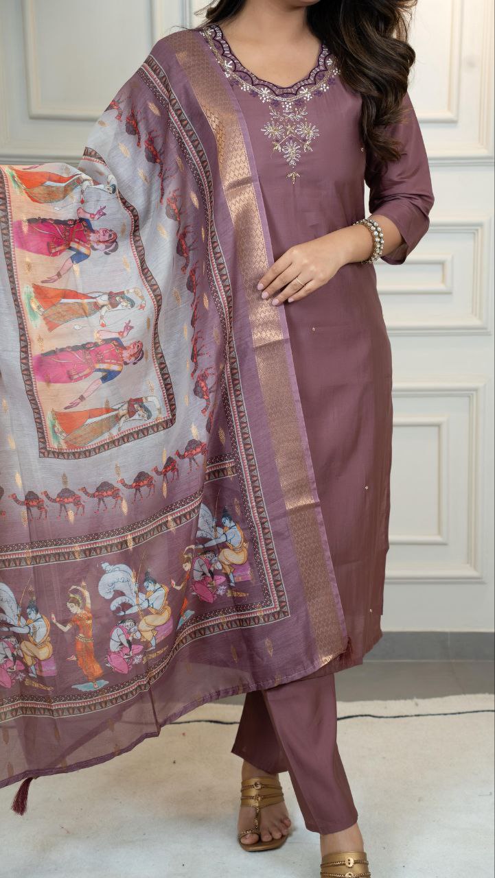 Premium Roman Silk Designer Kurti Pant Dupatta Set