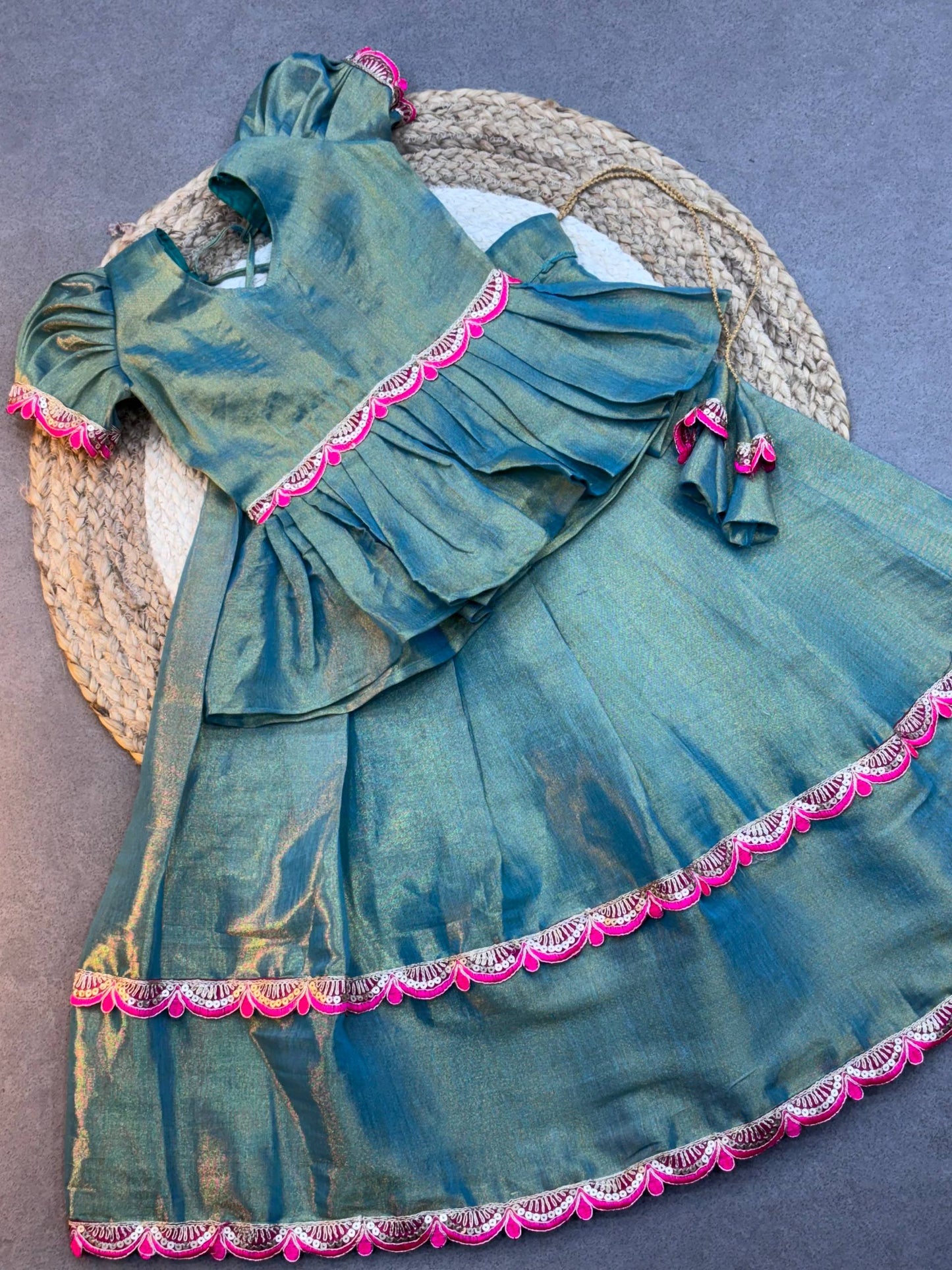 Ice Blue Dual ton Kids Silk Lehenga Choli with Jacquard Weaving & Embroidery Lace
