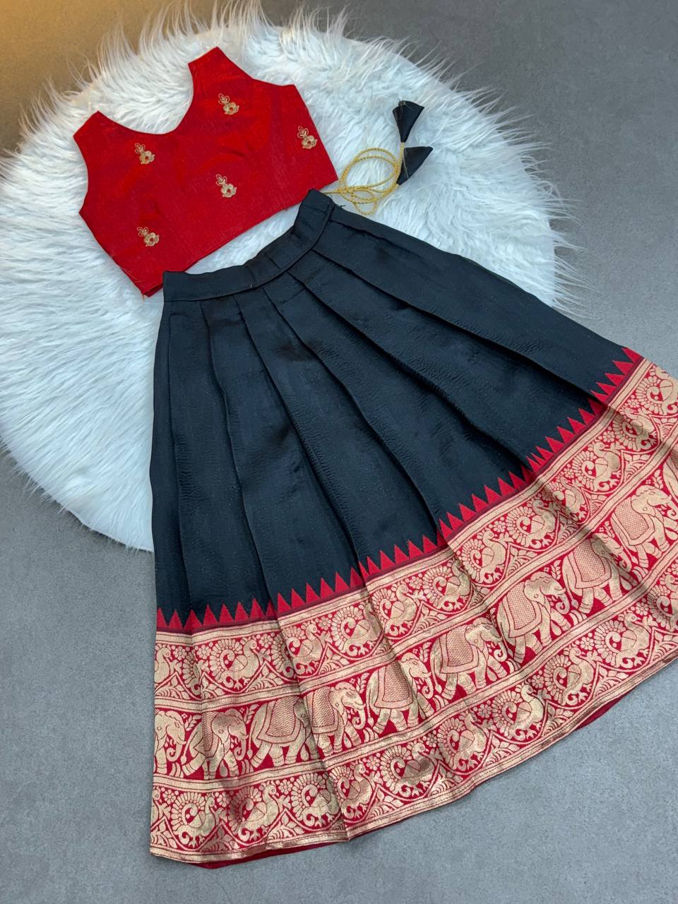 Kids Silk Lehenga Choli with Jacquard Weaving & Embroidery Lace