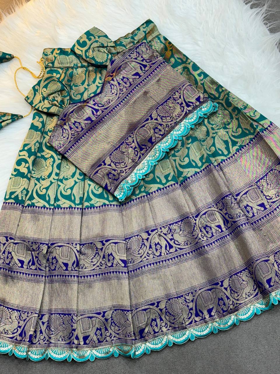 Kids Silk Lehenga Choli with Jacquard Weaving & Embroidery Lace