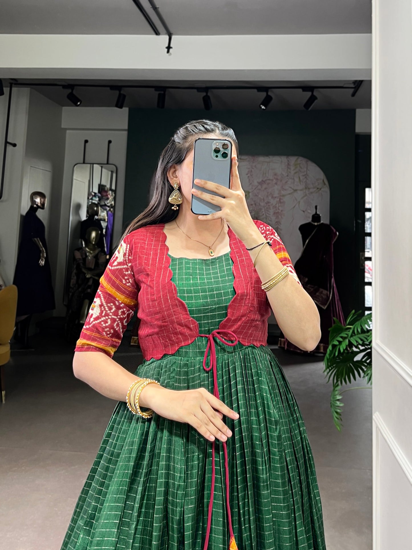 Tasar Chex Patola Print Gown with Koti