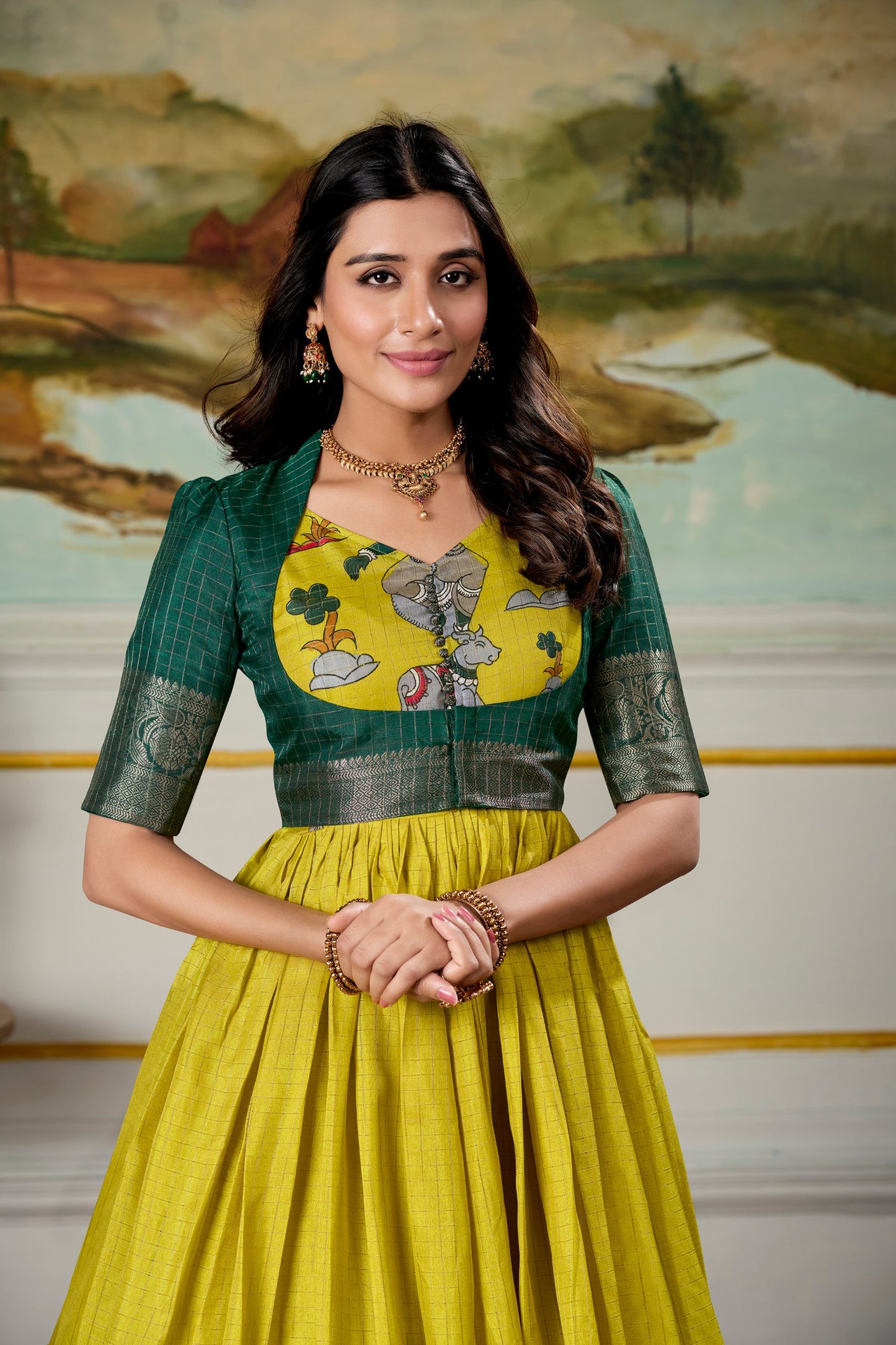Elegant Dola Silk Kalamkari Print Gown with Zari Weaving Koti