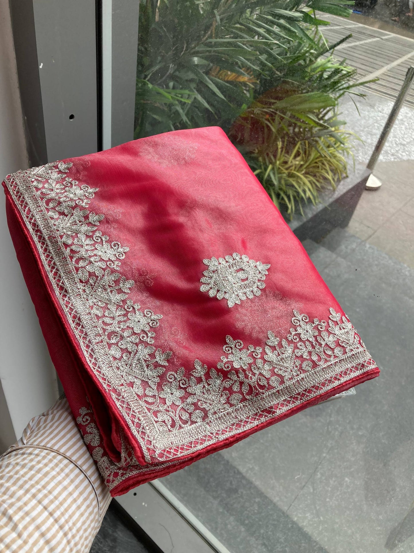 Sisara Party Wear Twill Net Saree with Sequins Embroidery & Solid Blouse