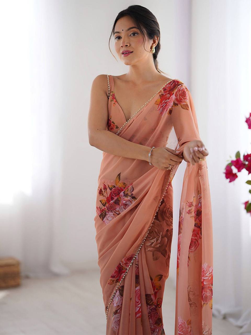 Printed Georgette Silk Saree with Moti Lace Border
