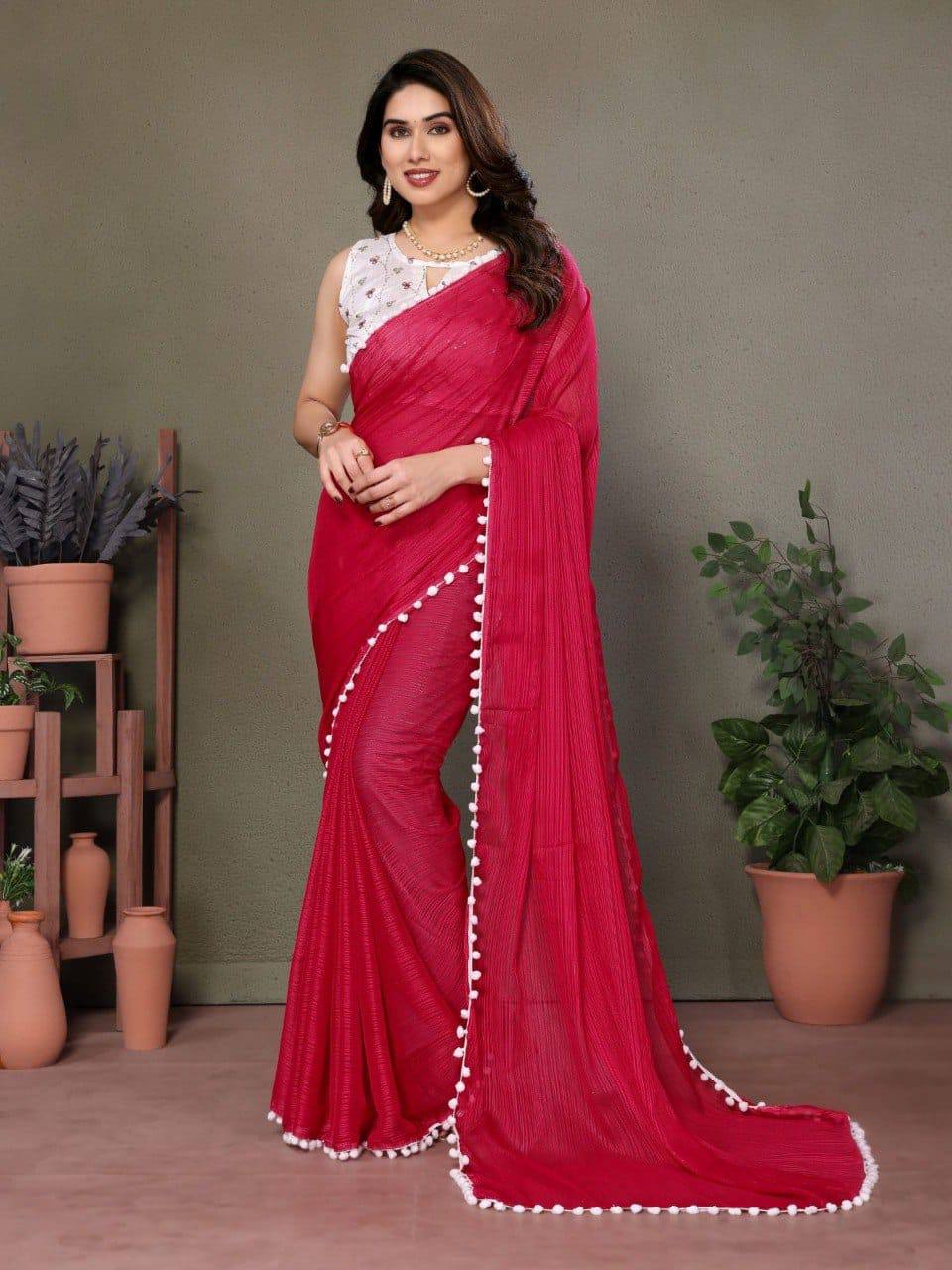 Polyester Zari Plain Saree with Embroidered Blouse & Pum Pum Lace
