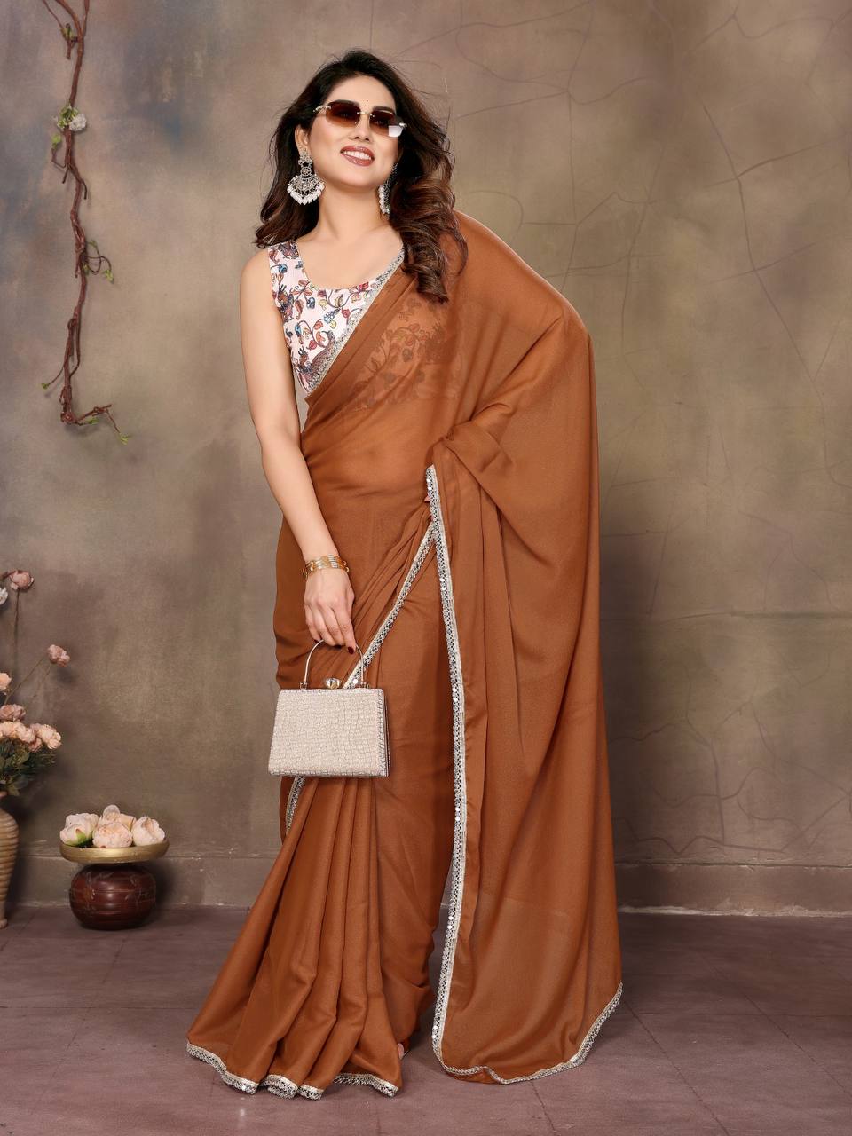 Star Georgette Silk Solid Saree with Mirror Lace