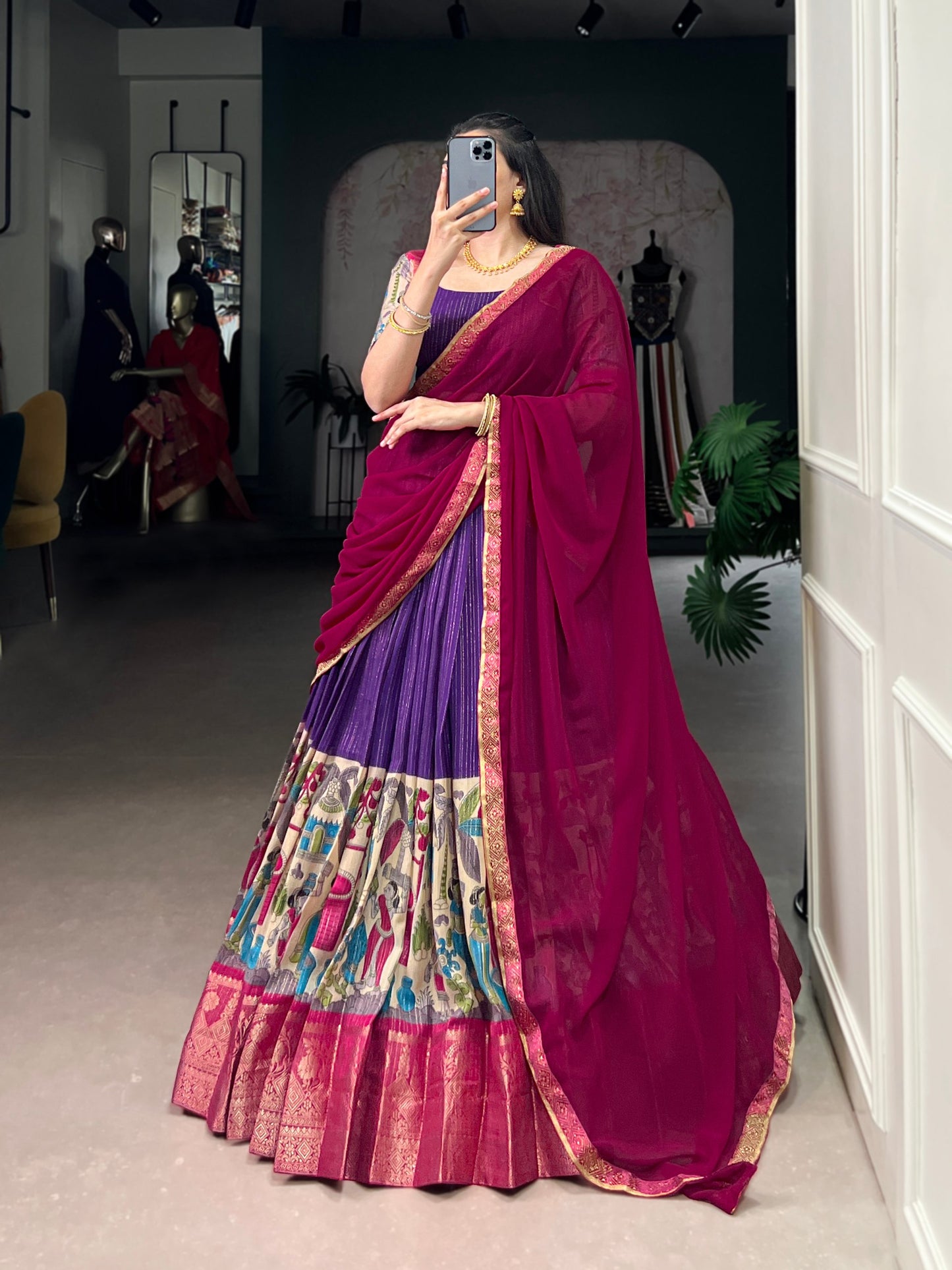 NITRIYA Poly Chanderi Kalamkari Print Lehenga Choli with Zari Stripe & Georgette Dupatta