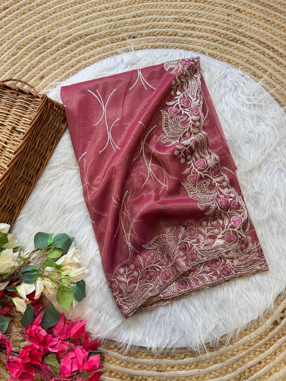 Pure Tissue Silk in solid color Saree With Embroidery viscose thread work with zarkhan