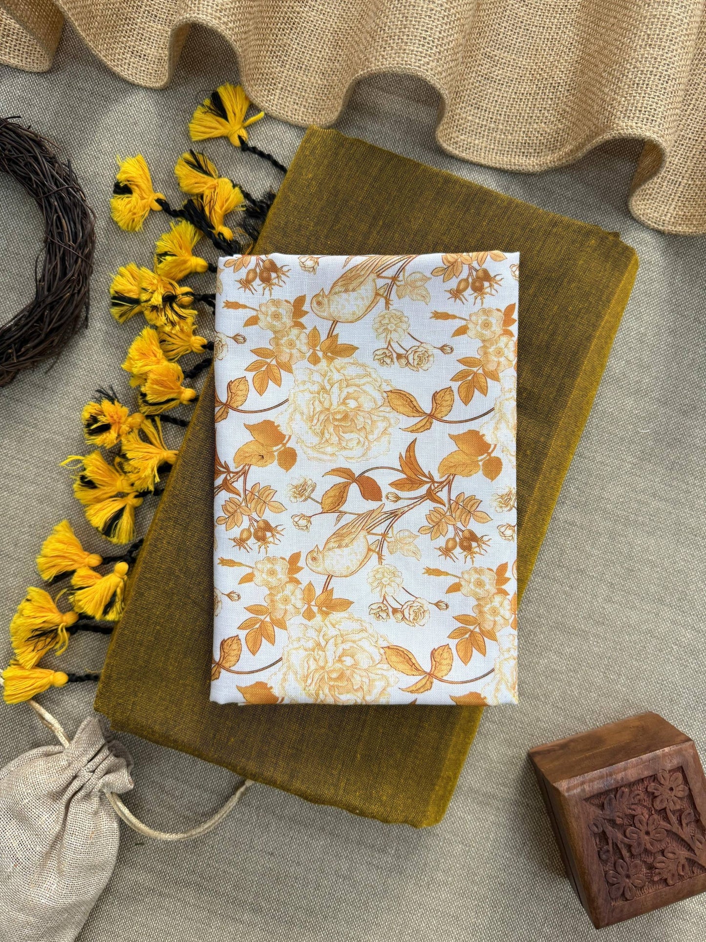 Khadi Cotton Saree With Tassels And Printed Blouse