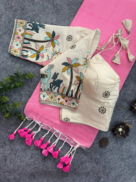 Khadi Cotton With Heavy Embroidery with Aura Cotton Blouse