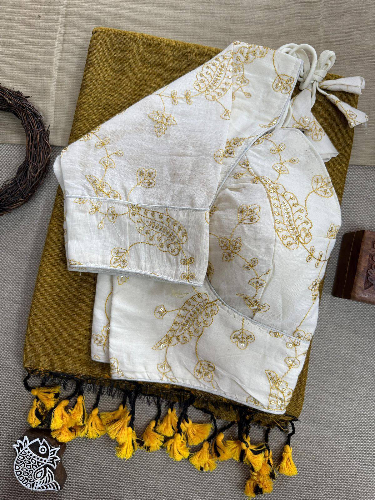 Khadi Cotton Saree With Embroidery Work Blouse