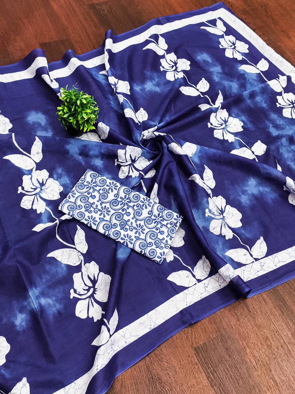 Floral Hand Print Mulmul Cotton Sarees