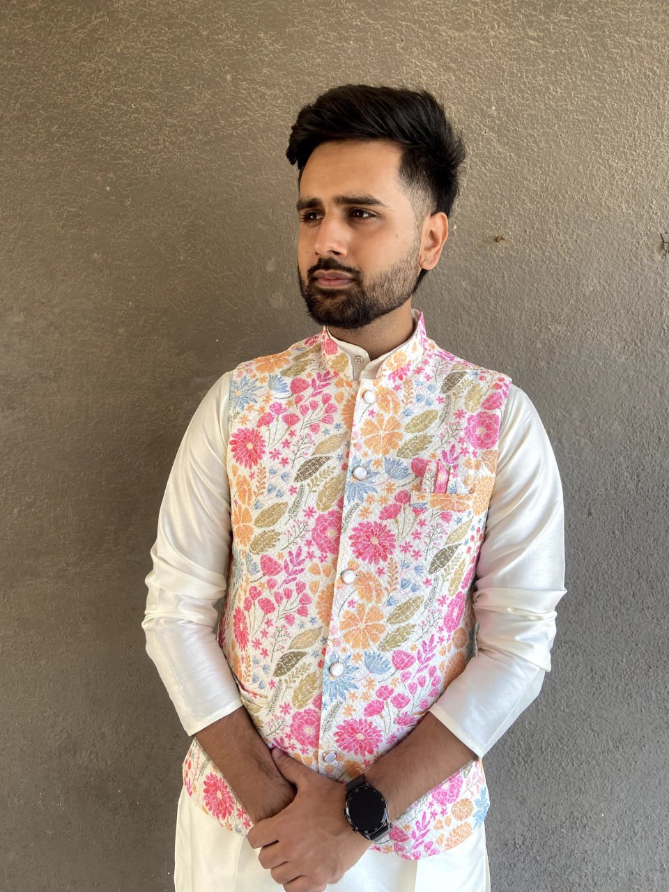 MENS'S KURTA PAJAM WITH JACKET SEQUNCE WORK AND PRINT