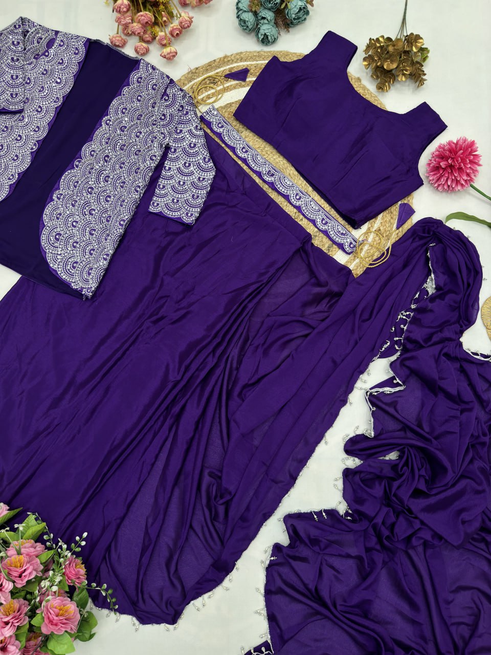 Chinnon Silk with Multi-Thread Embroidery Sequins Ready To Wear Saree With Koti