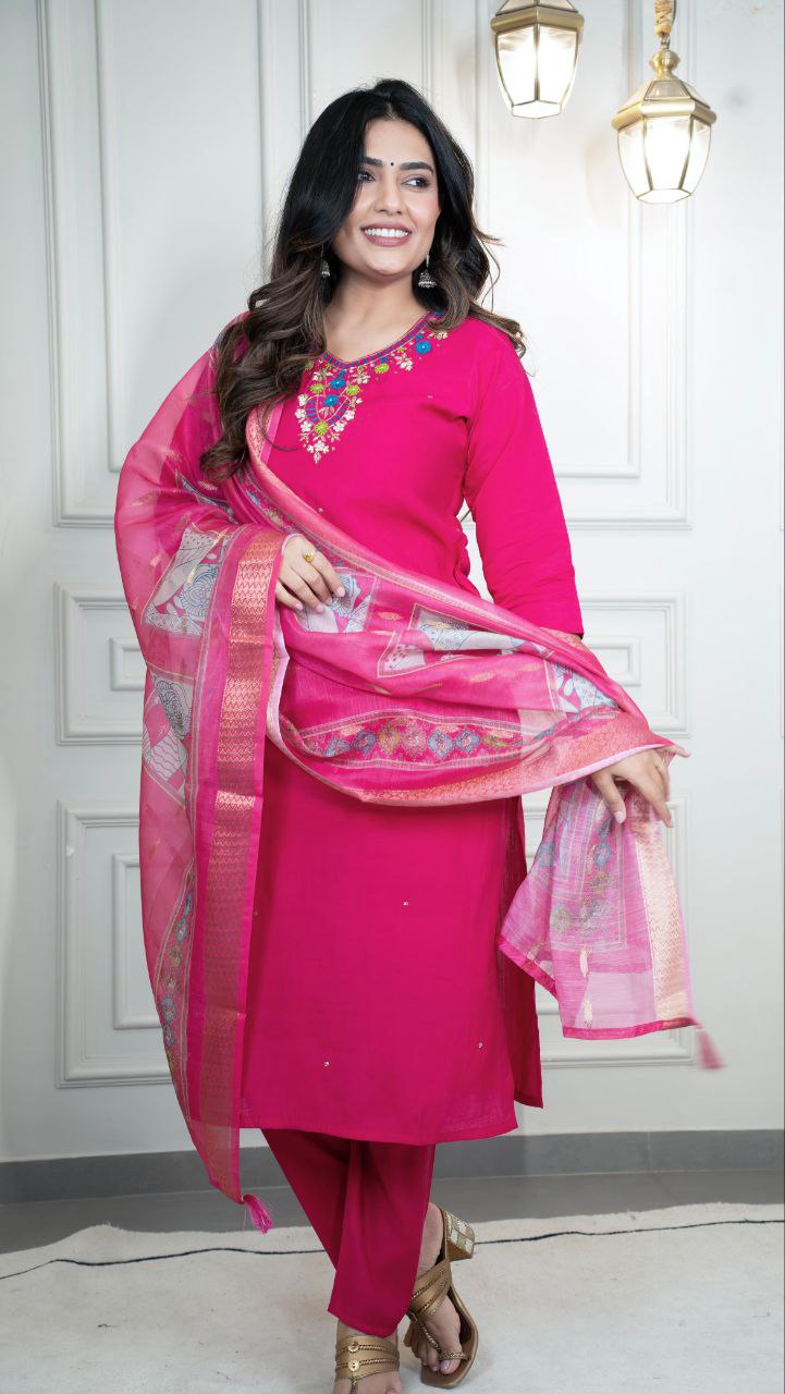 Roman Silk New Designer Kurti Pant Dupatta Set