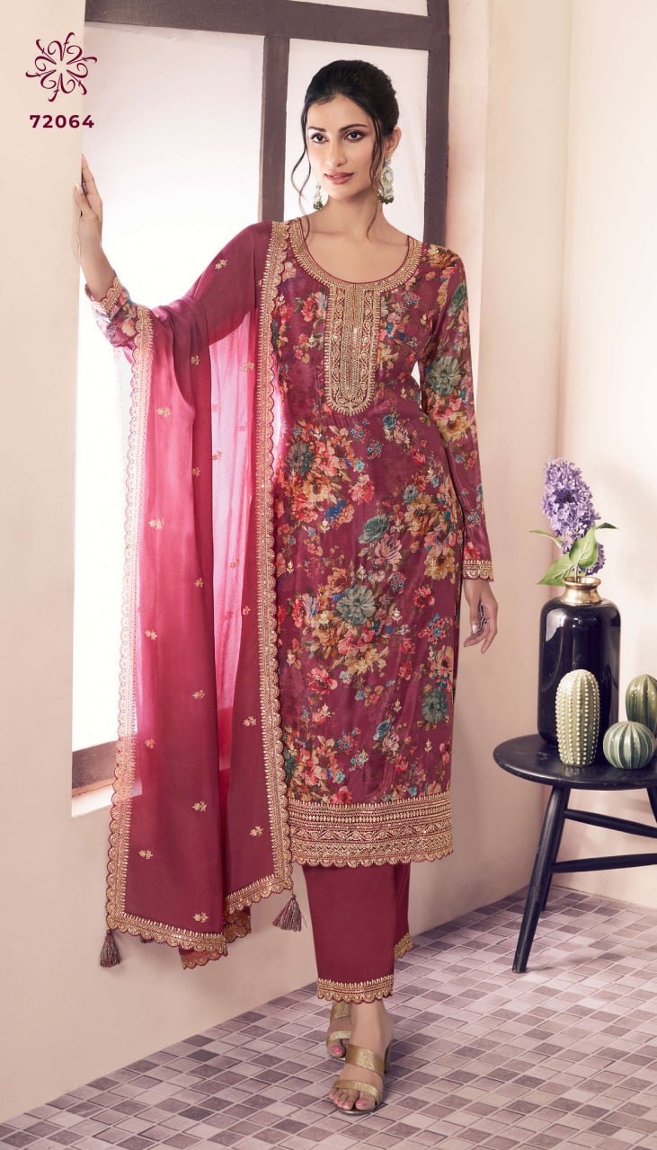 Vichitra Digital Print Embroidery Sequence + Coding Suit