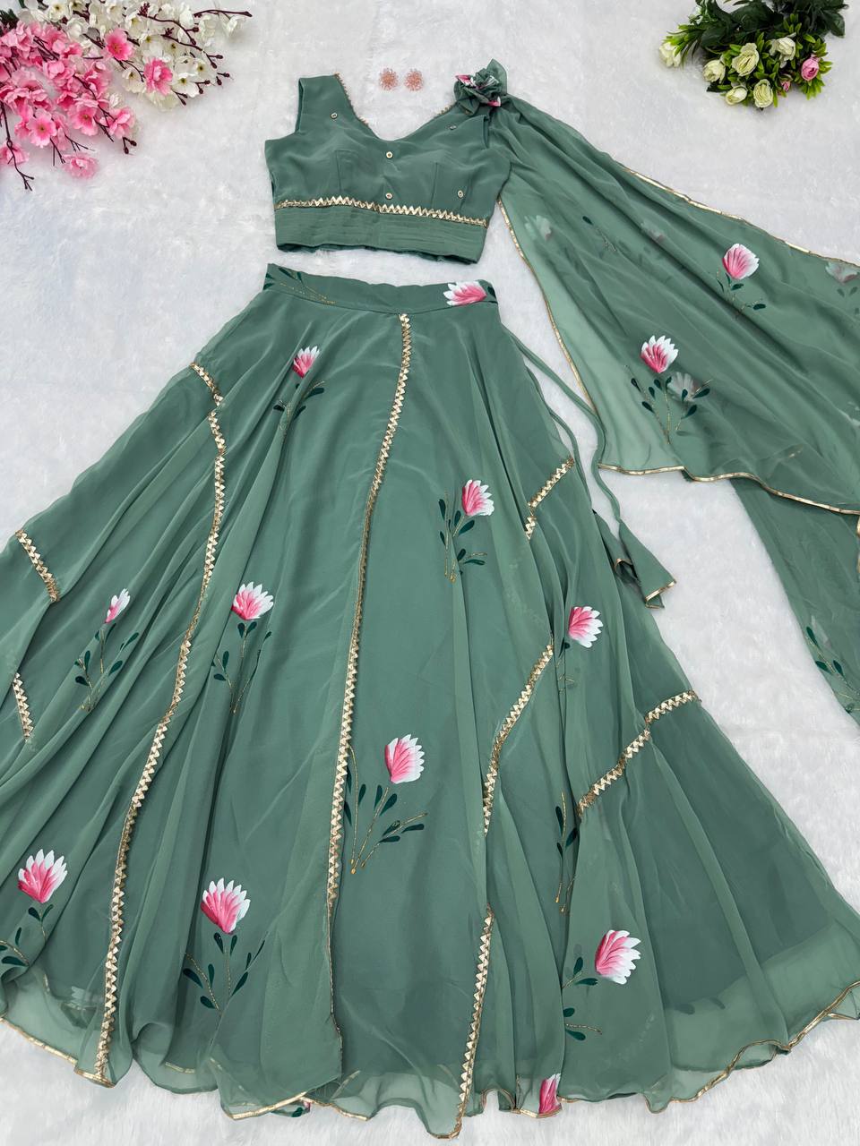 Hand Painted Georgette Lehenga Set with Draped Dupatta Blouse | Fully Stitched | SC-292