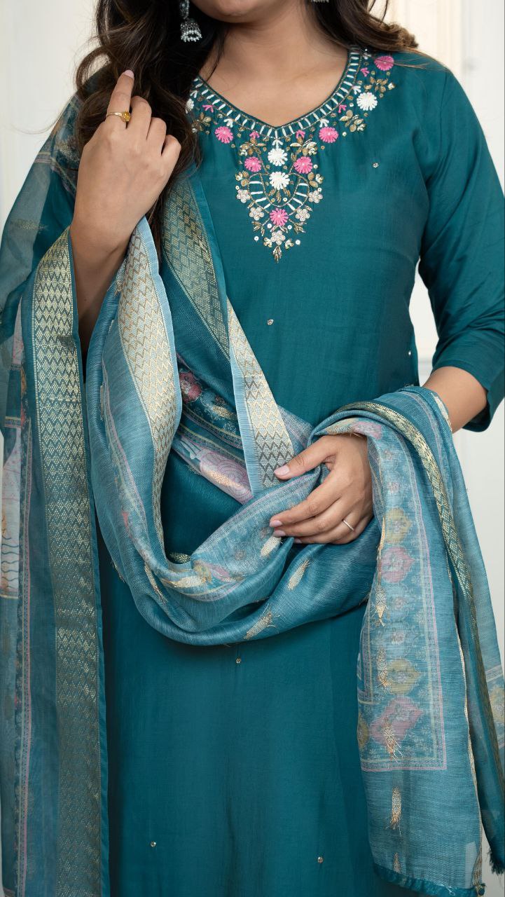 Roman Silk New Designer Kurti Pant Dupatta Set