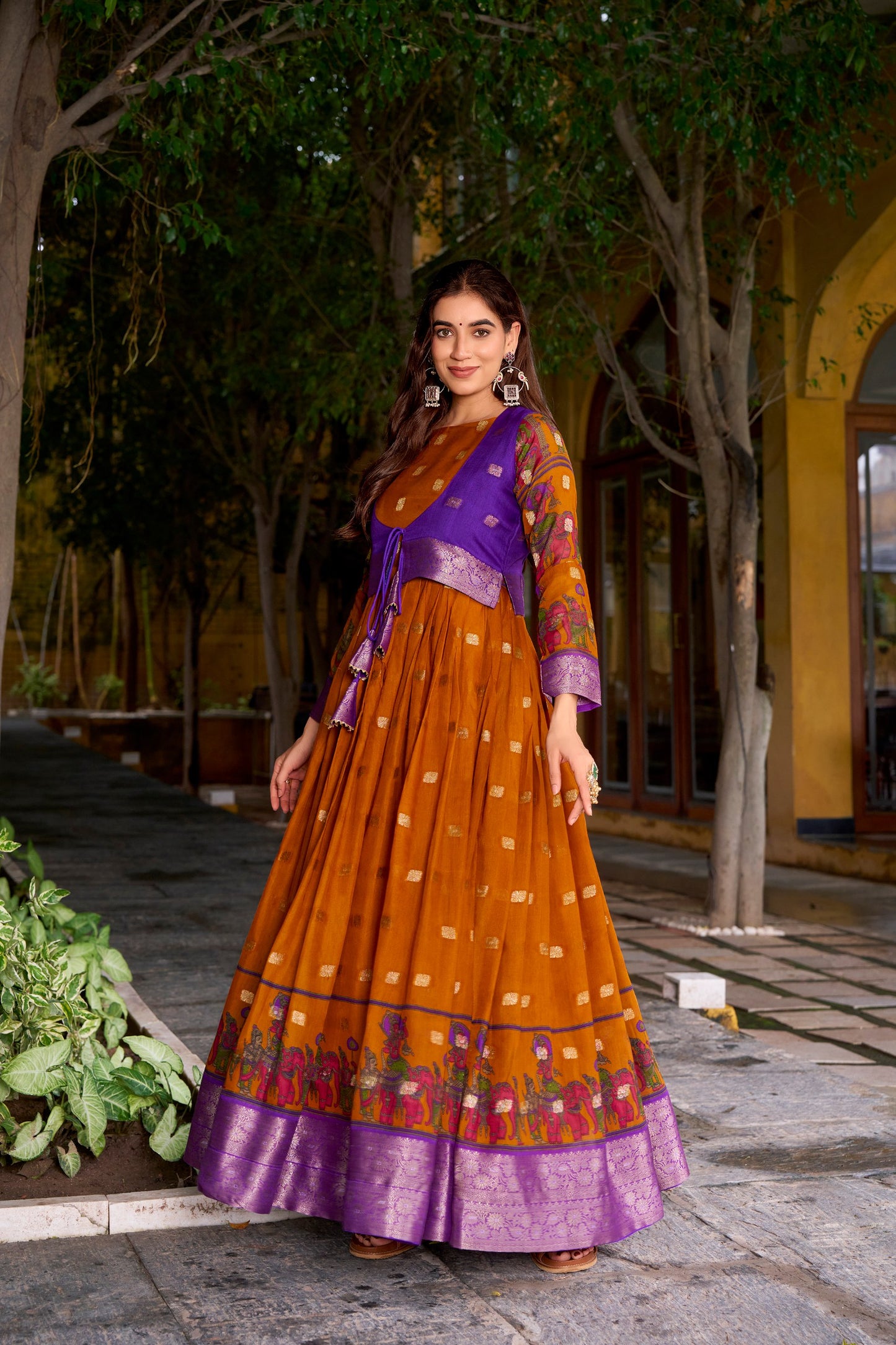 Chanderi-Style Flared Gown with Printed Koti