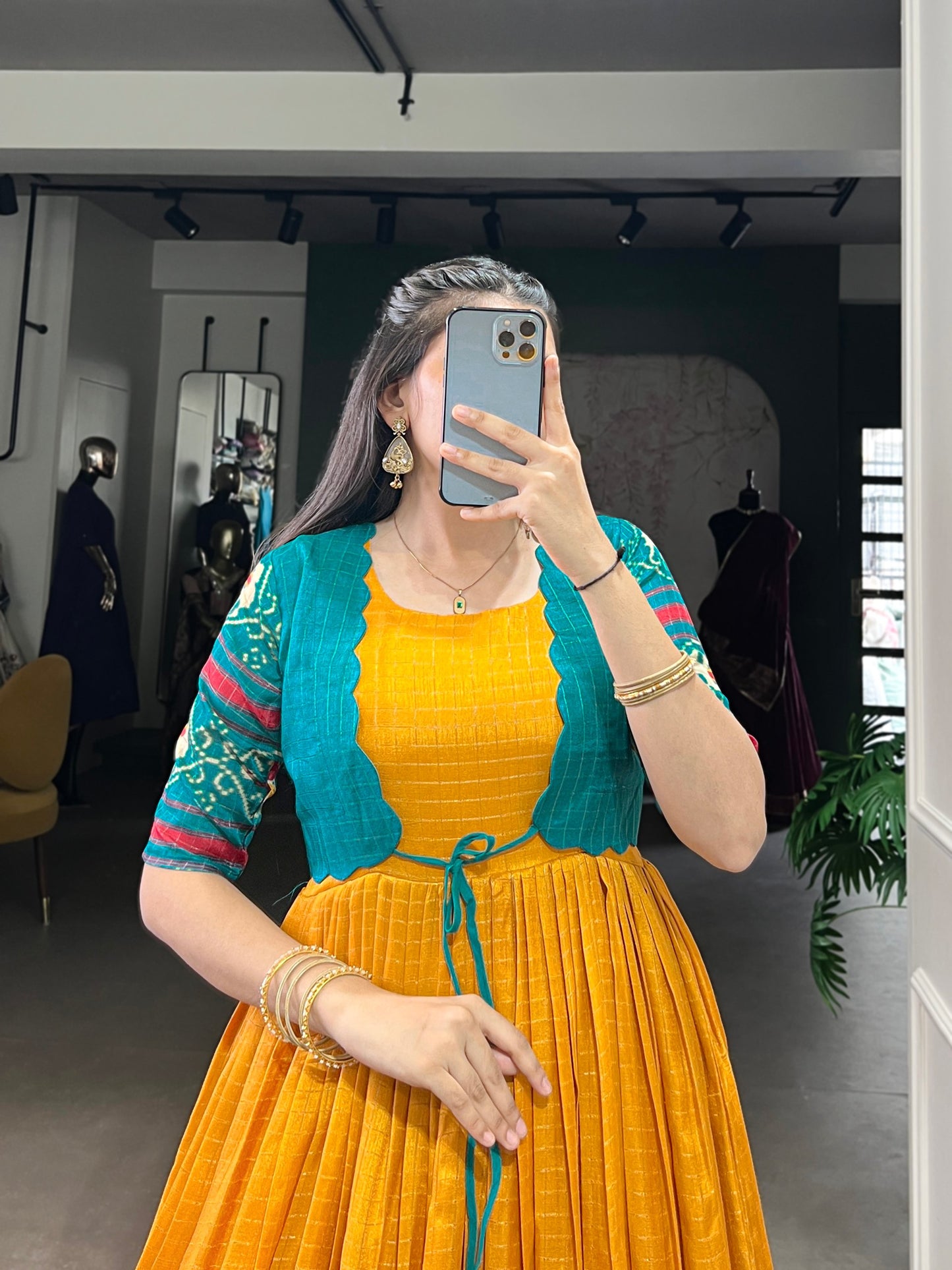 Tasar Chex Patola Print Gown with Koti
