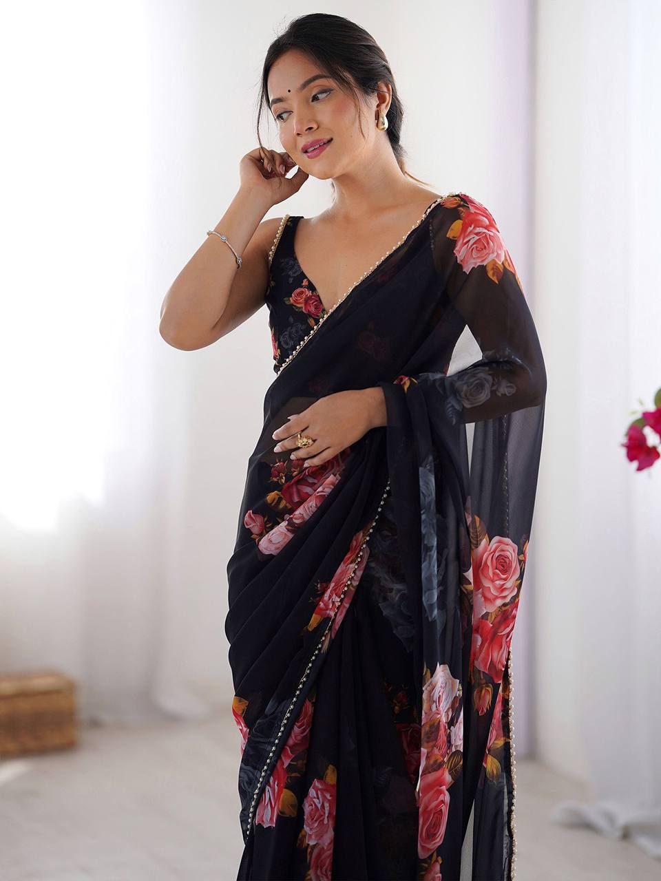 Printed Georgette Silk Saree with Moti Lace Border