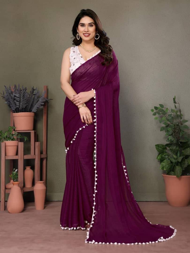 Polyester Zari Plain Saree with Embroidered Blouse & Pum Pum Lace