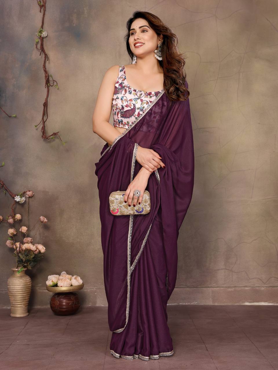 Star Georgette Silk Solid Saree with Mirror Lace