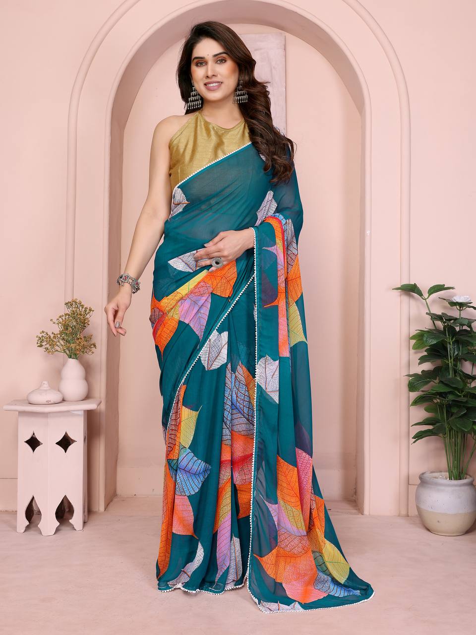Georgette Silk Printed Ready-to-Wear Saree with Small Lace