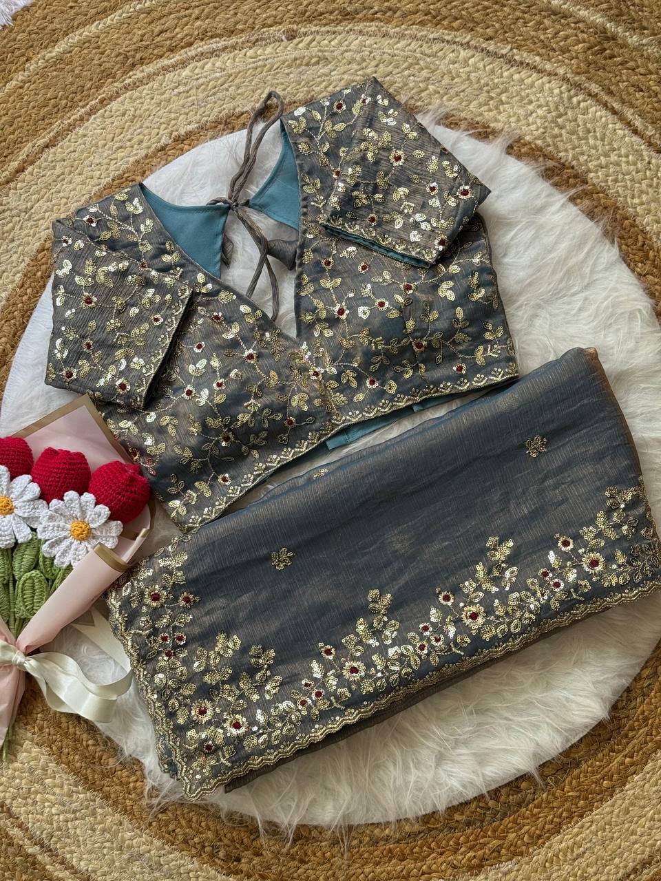 Soft Fendy Chiffon saree with heavy embroidery sequins and thread work