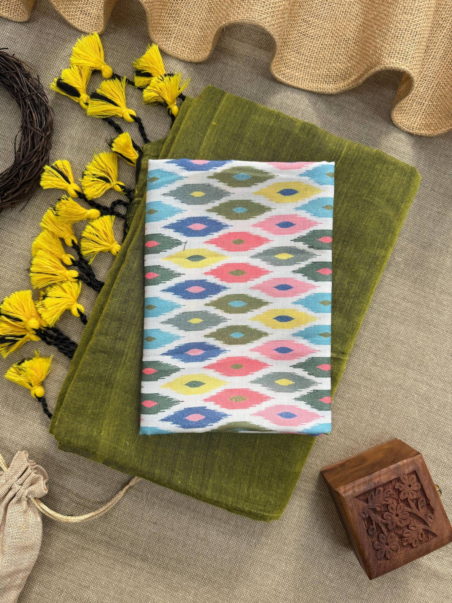 Khadi Cotton Saree With Tassels And Printed Blouse
