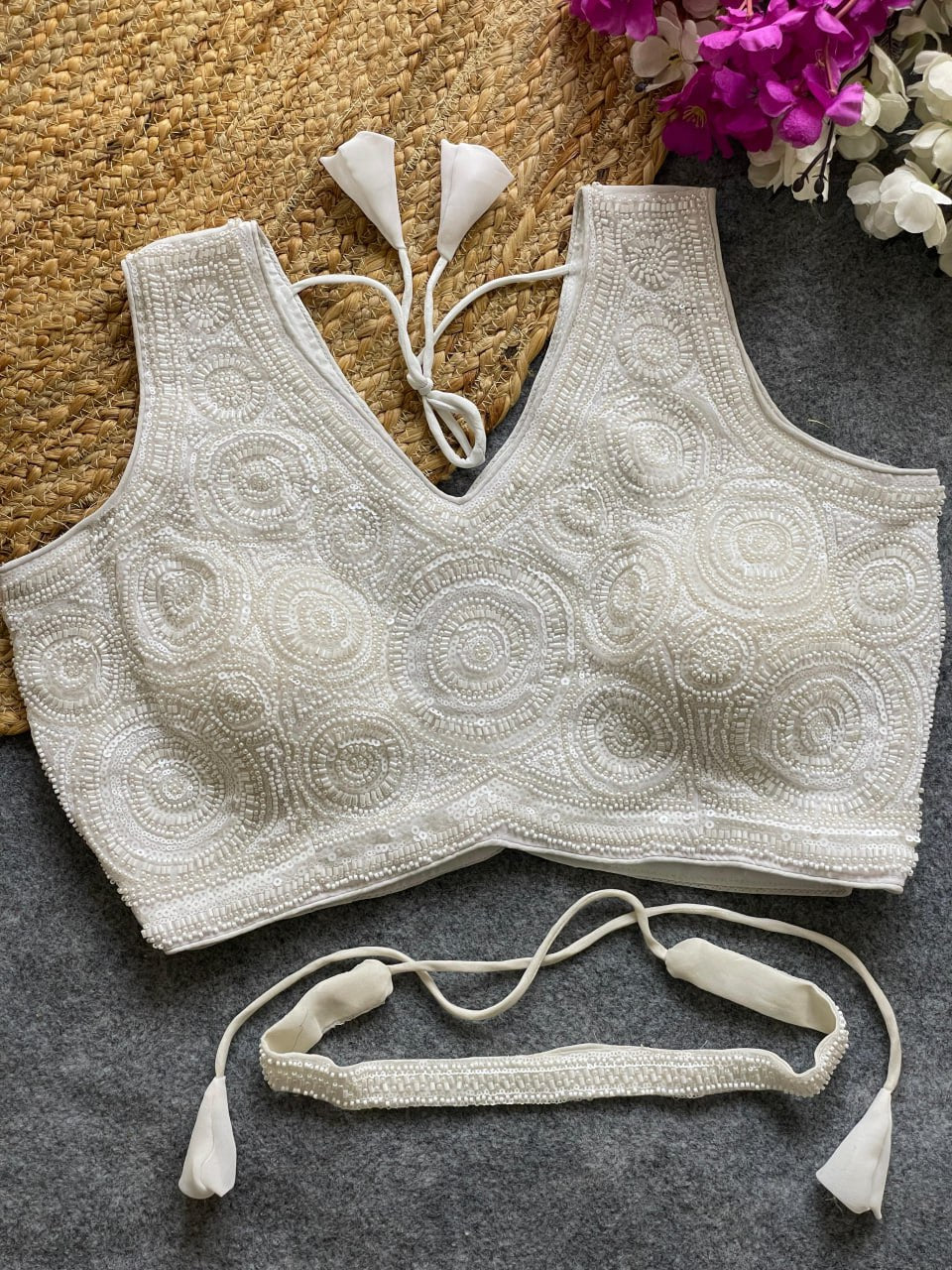 Stars & Beads Work on Neckline with Sequence & Cording Thread Embroidery Blouse