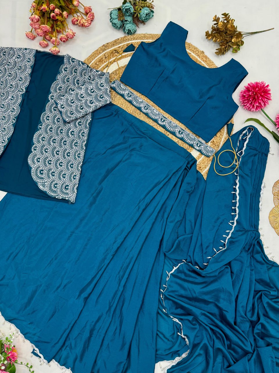 Chinnon Silk with Multi-Thread Embroidery Sequins Ready To Wear Saree With Koti