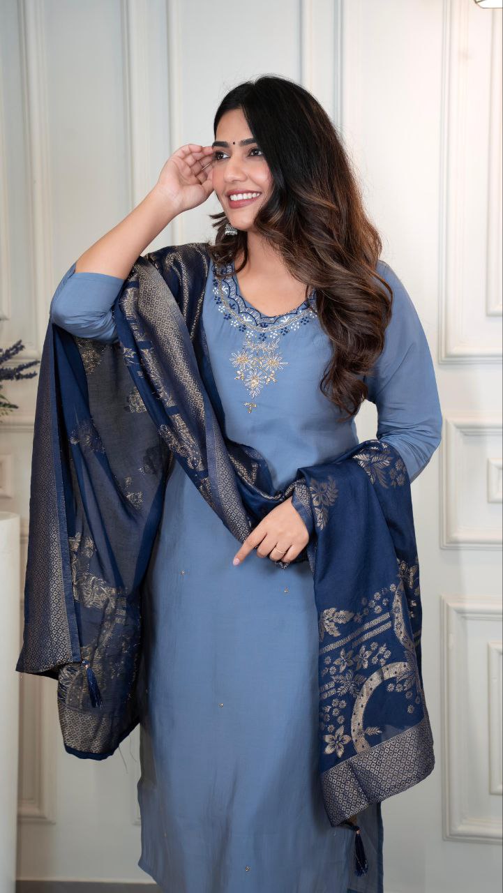 Premium Roman Silk Designer Kurti Pant Dupatta Set