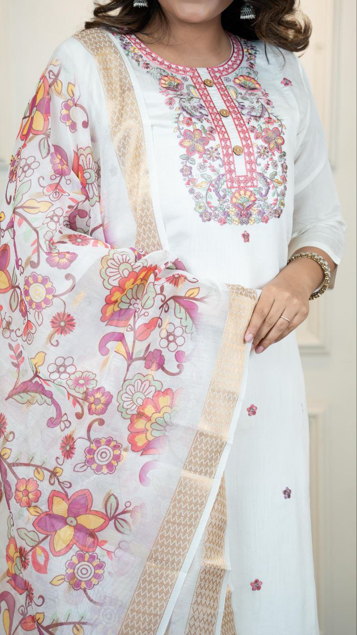 Roman Silk Multicolor Embroidery with Sequence Work Suit