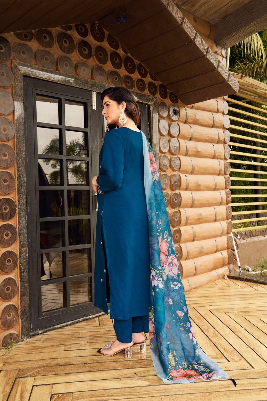Heavy Embroidered Work Suit With Digital Print Dupatta