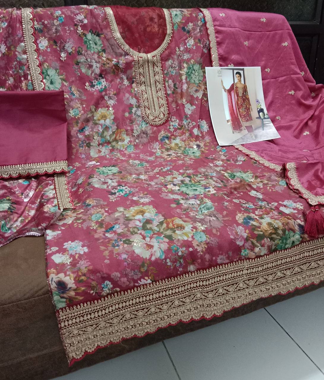 Vichitra Digital Print Embroidery Sequence + Coding Suit
