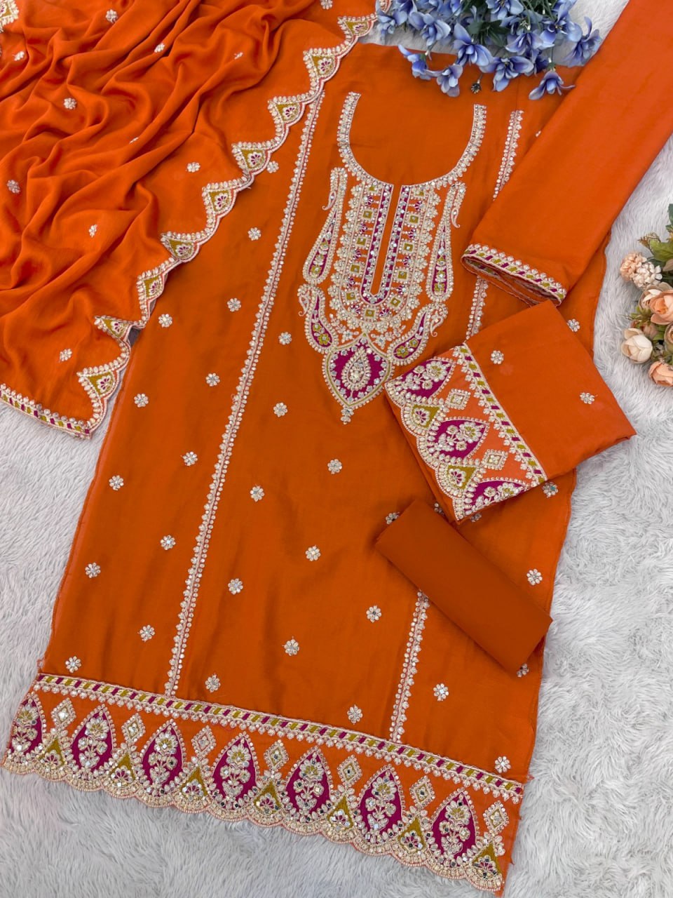 Chinon with Embroidered Cording & 3mm Sequence Thread work Suit