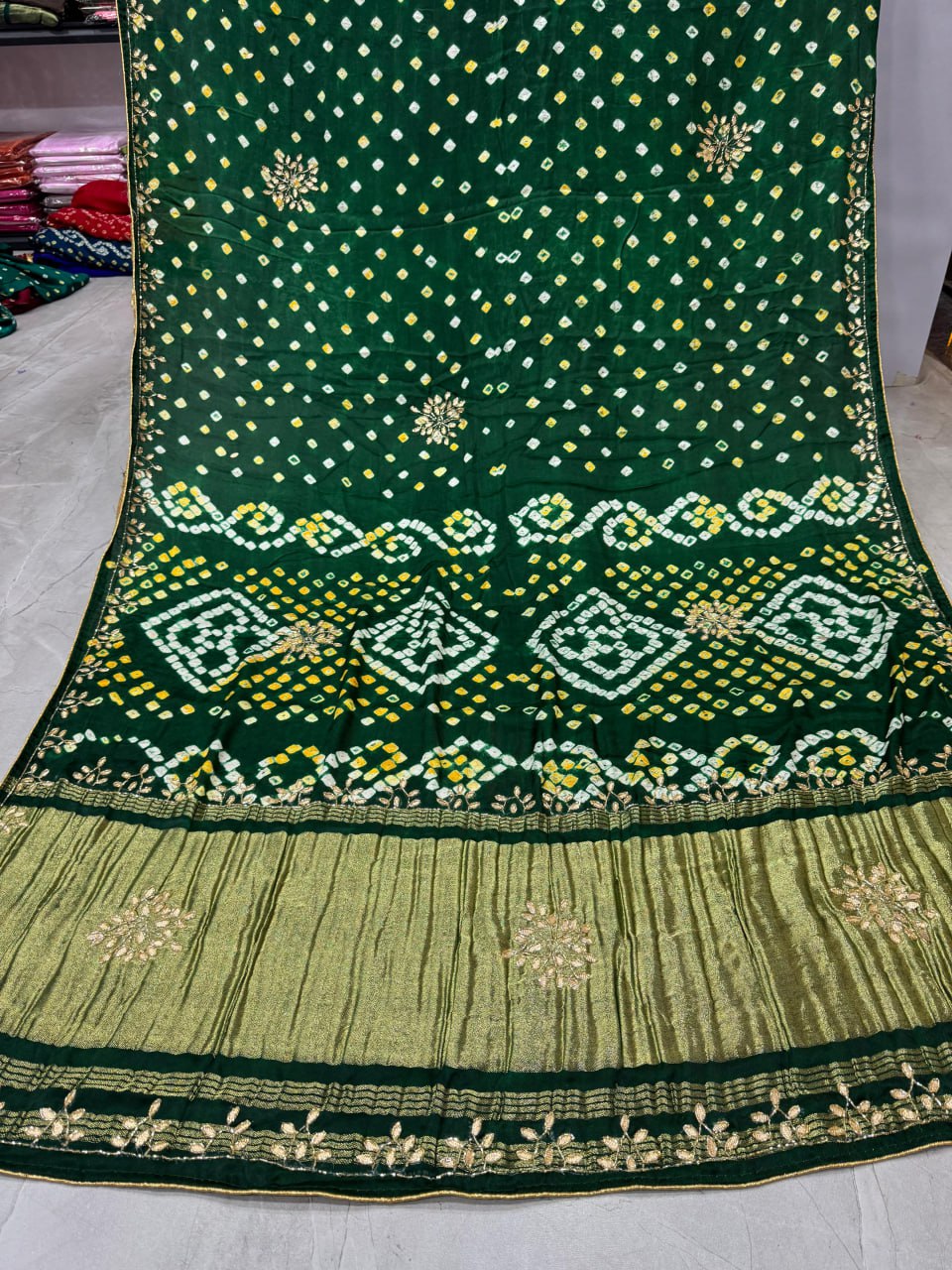 Bandhani With Pure Lagadi Patta With Hand Work Saree