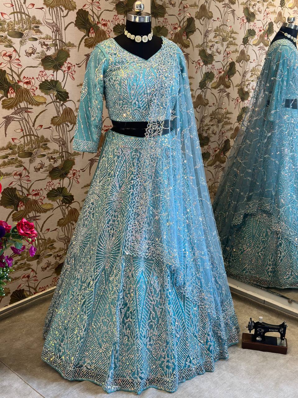 Designer Pure Zarkhan Diamond and Glitter Sequins Design Work Inner: Satin with Crepe Imported Heavy Net