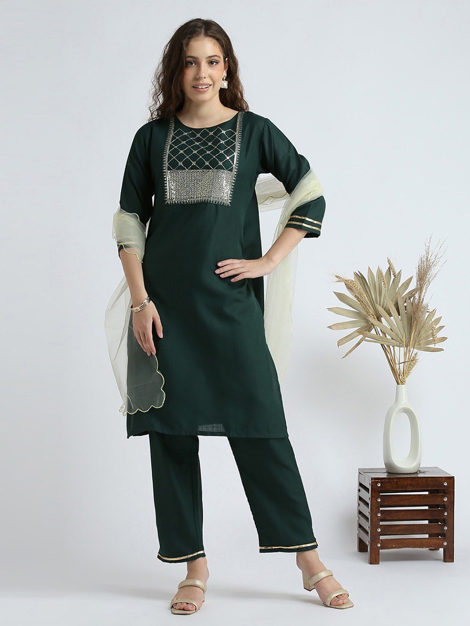 Slub Cotton Fully Stitched Ethnic Set with Dupatta