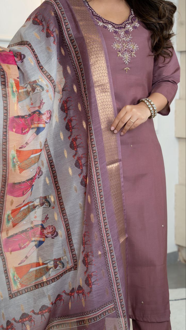 Premium Roman Silk Designer Kurti Pant Dupatta Set