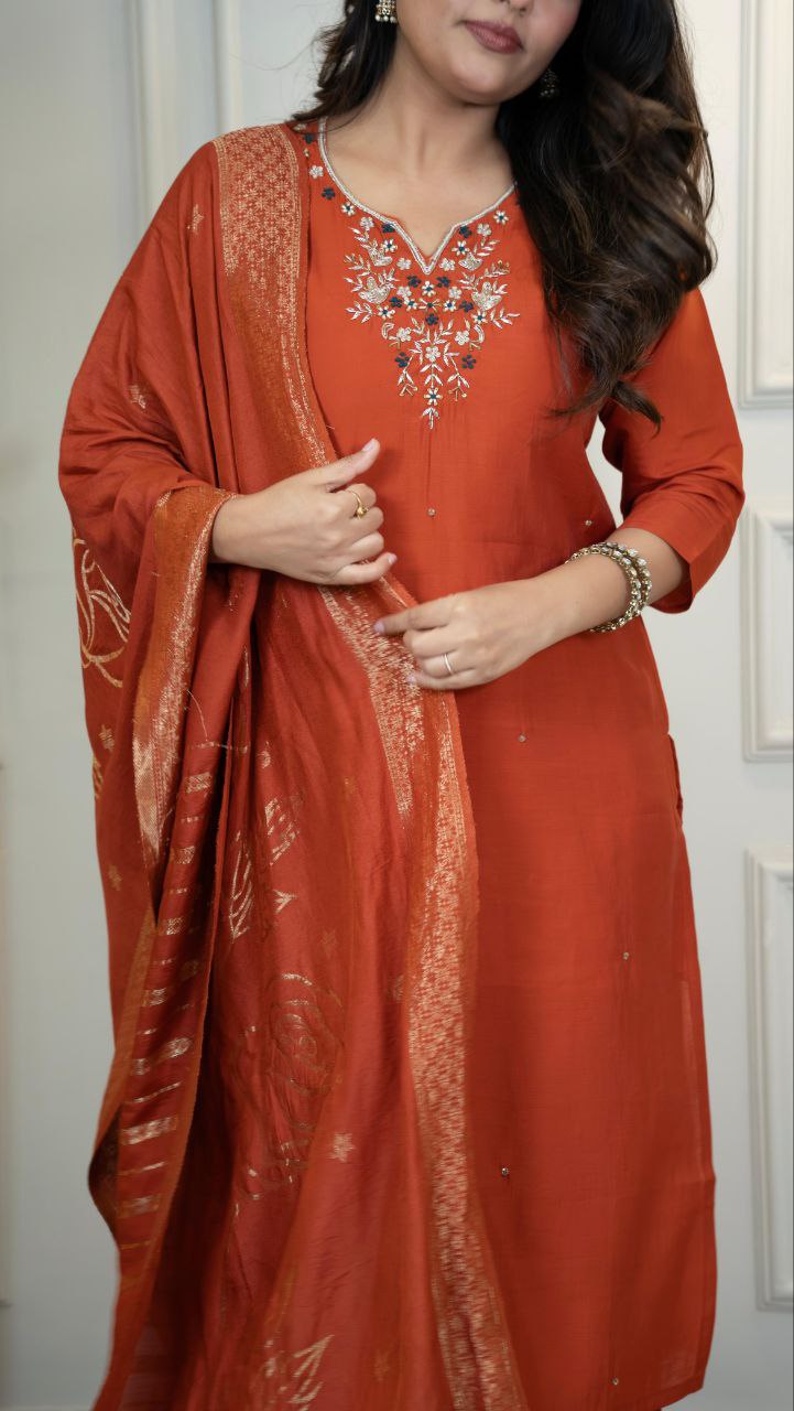 Premium Roman Silk New Designer Kurti Pant Dupatta Set