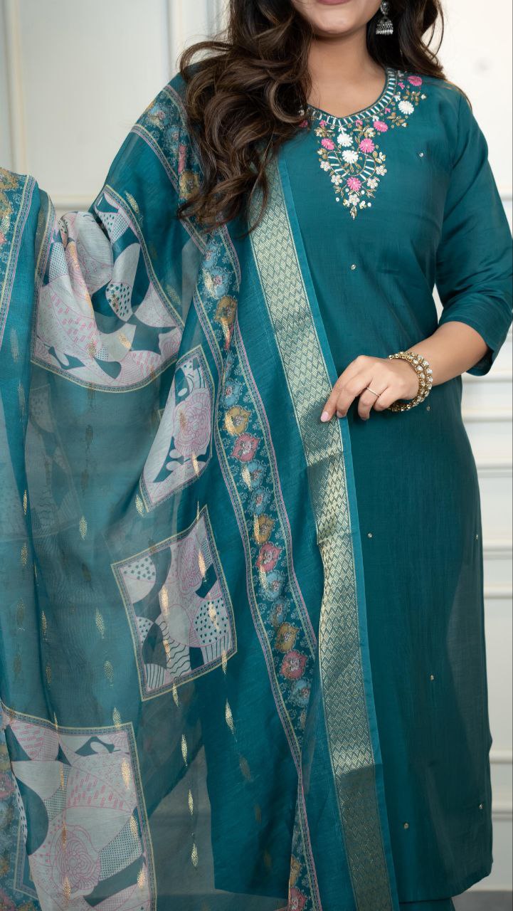 Roman Silk New Designer Kurti Pant Dupatta Set