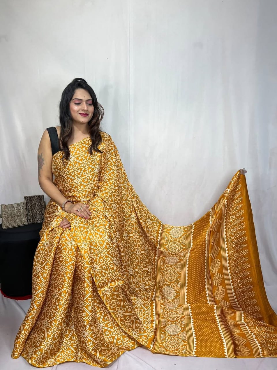 Digital Print Border with Ajrakh Rich Pall Semi Gajji Silk Soft and Smooth Saree