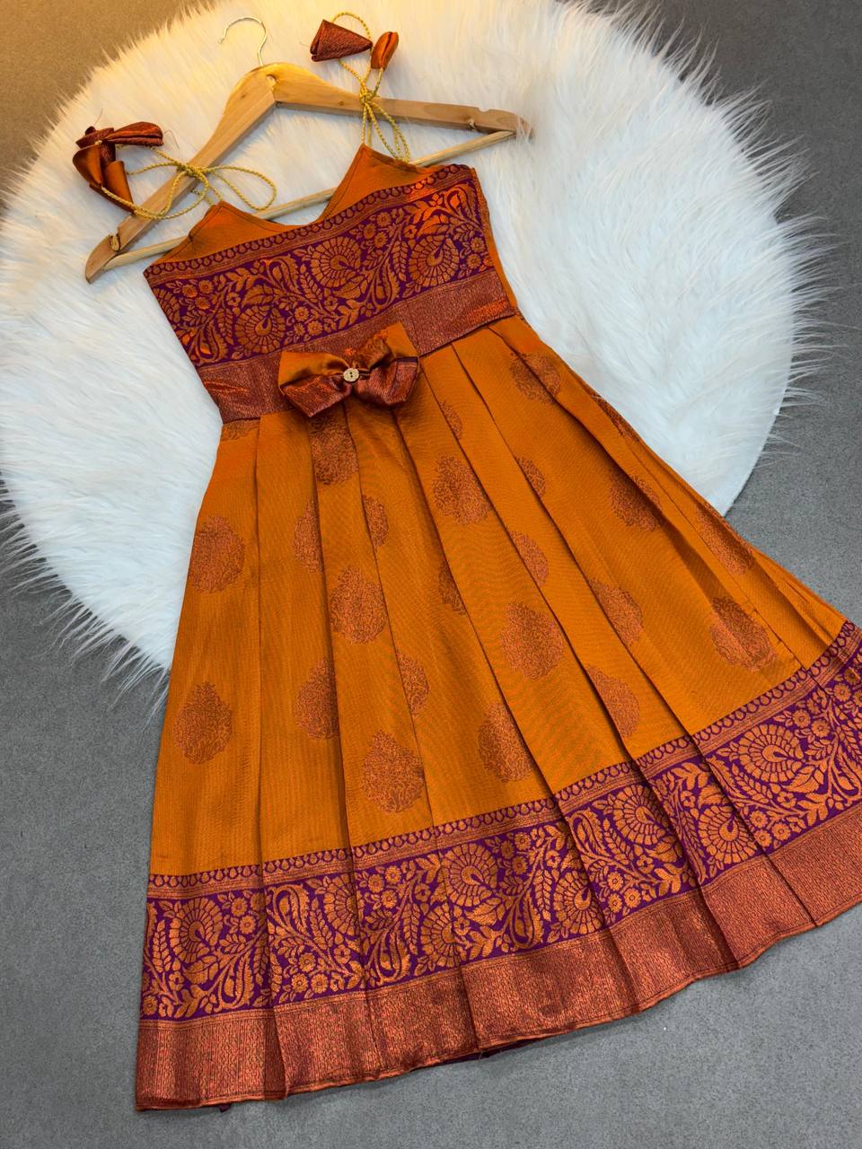 Kids Silk Gown with Jacquard Weaving & Embroidery Lace