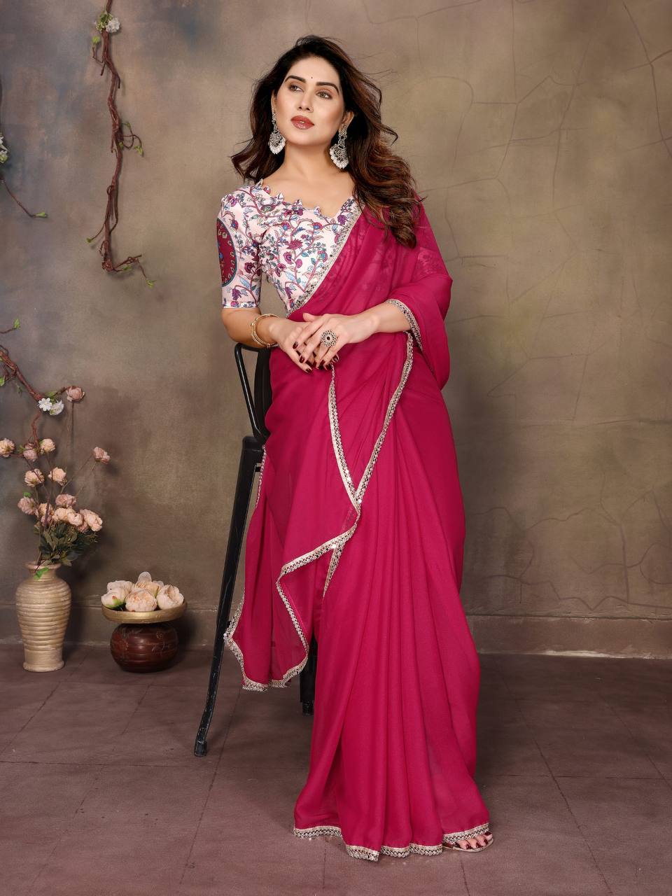 Star Georgette Silk Solid Saree with Mirror Lace