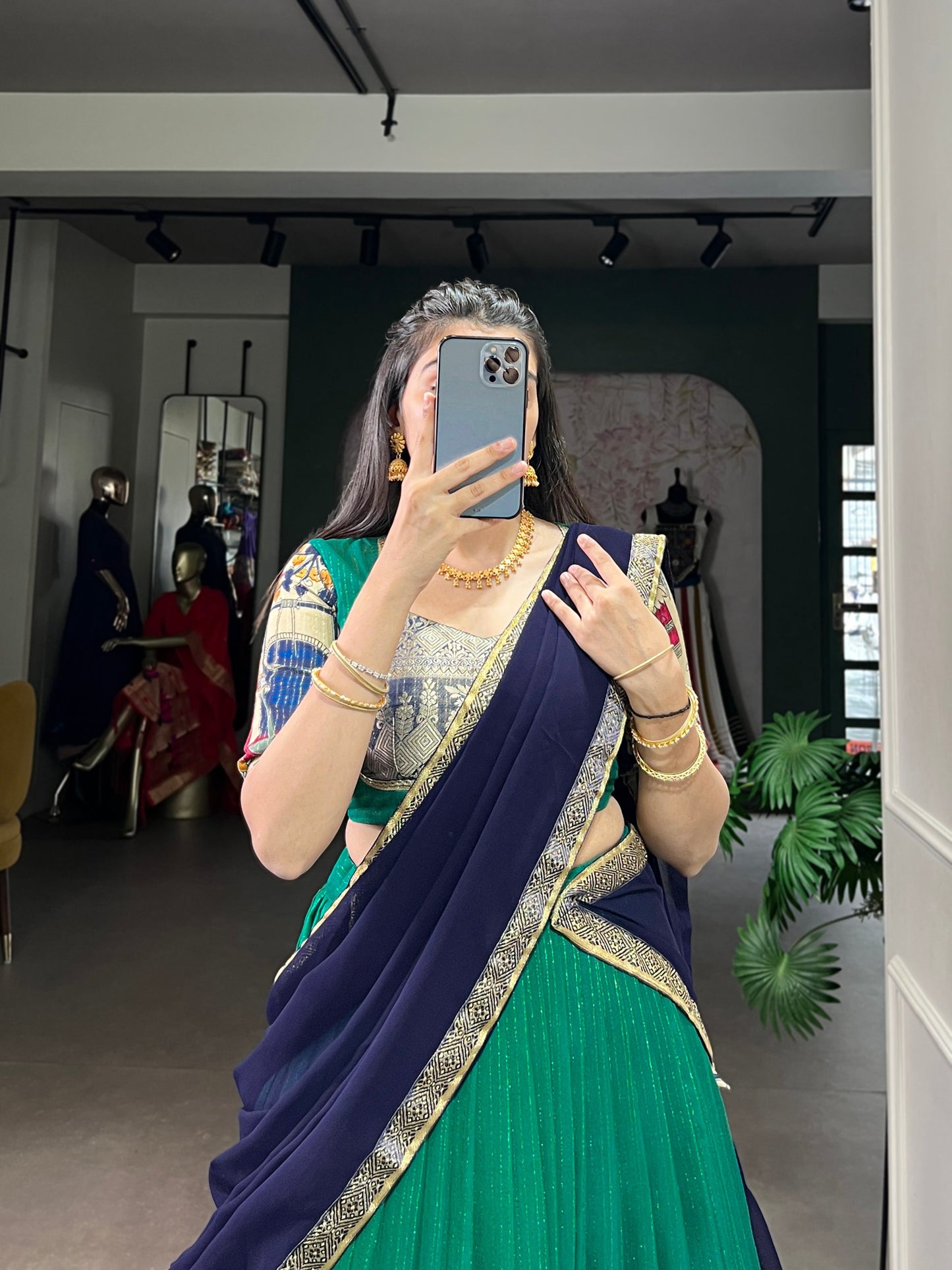 NITRIYA Poly Chanderi Kalamkari Print Lehenga Choli with Zari Stripe & Georgette Dupatta