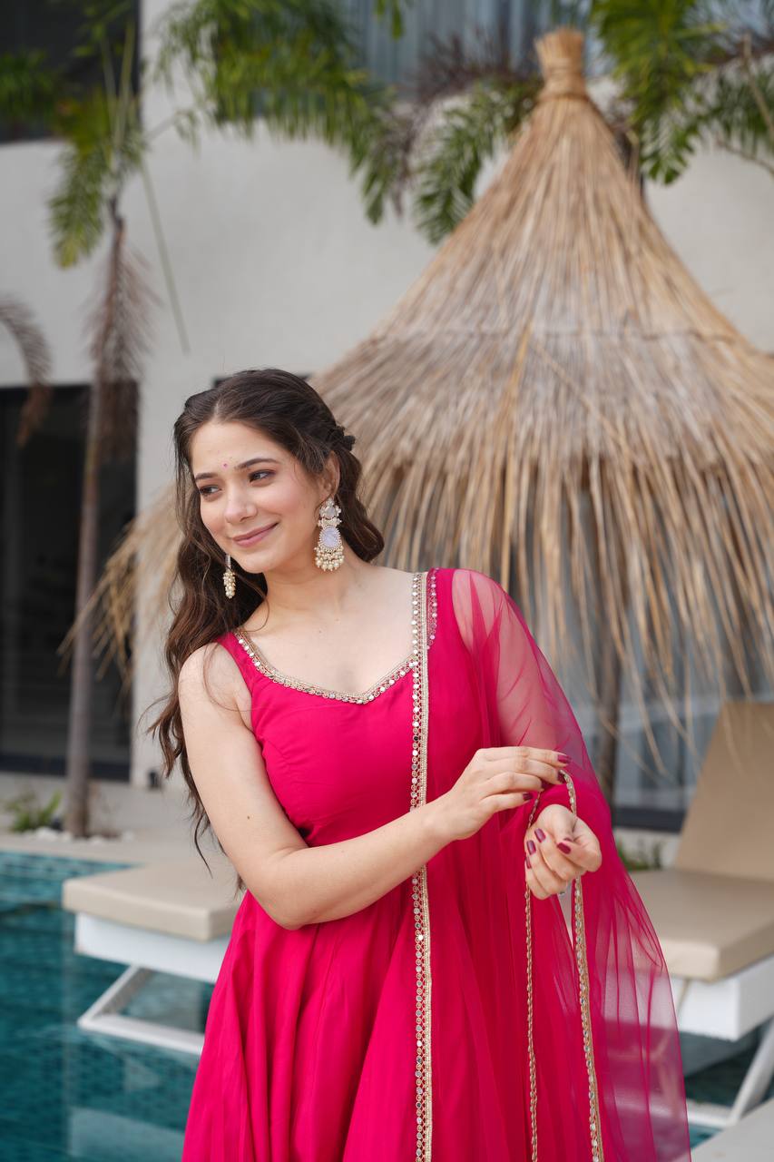 PURE ROMANSILK CHANDERI ANARKALI SET