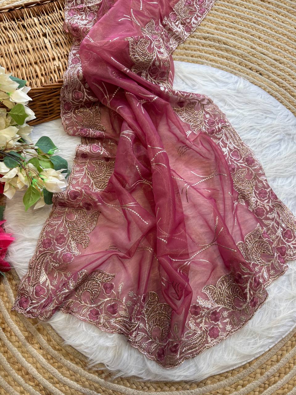 Pure Tissue Silk in solid color Saree With Embroidery viscose thread work with zarkhan