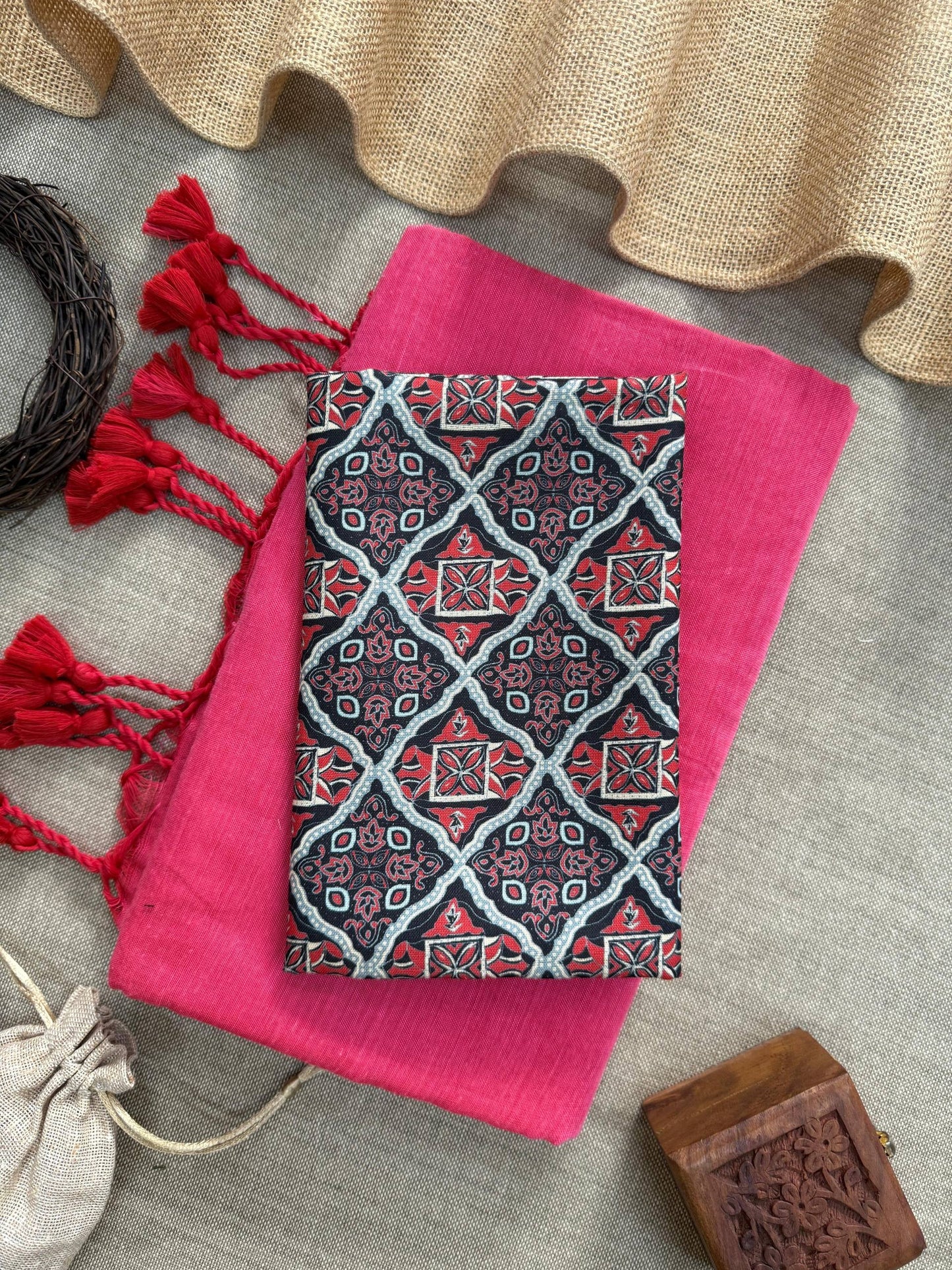 Khadi Cotton Saree With Tassels And Printed Blouse